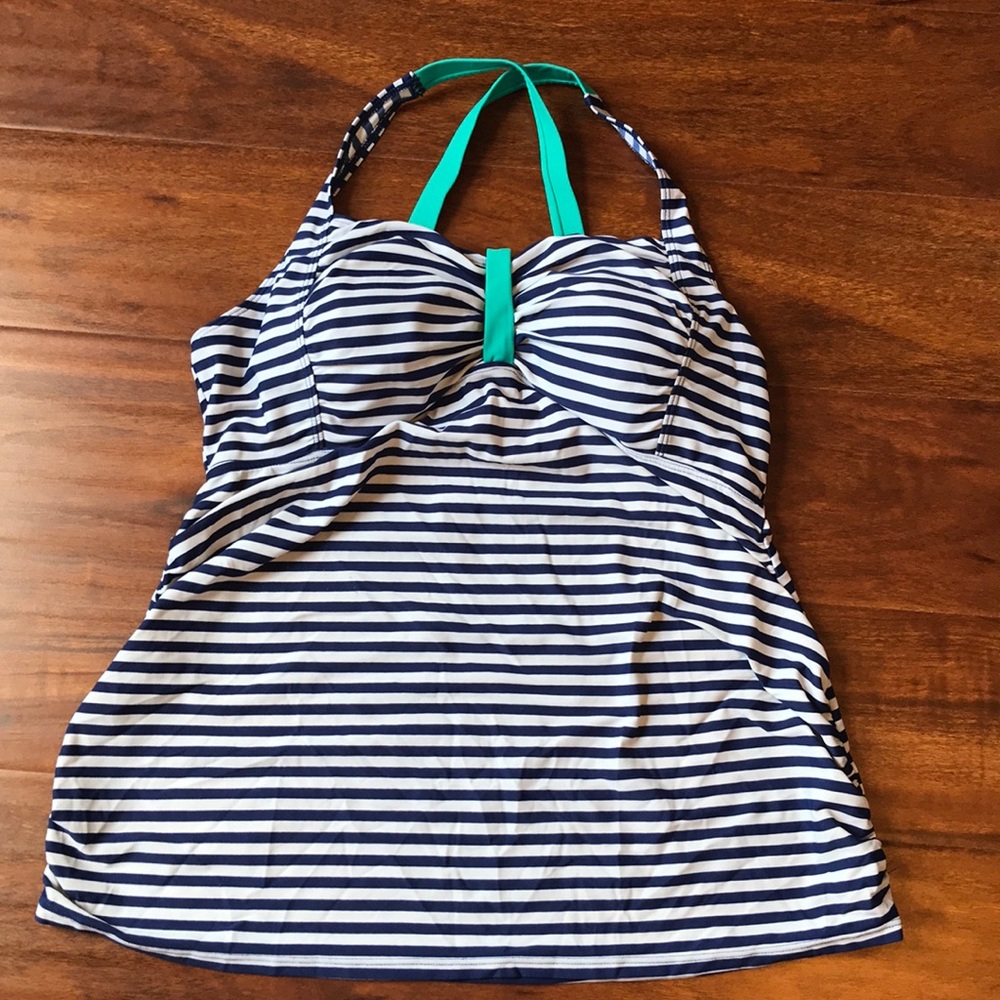Navy blue and white stripped maternity tankini
